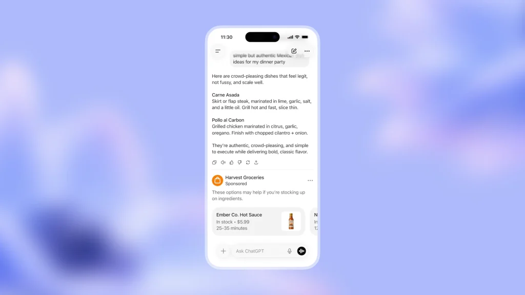 ChatGPT inline ad preview mockup with sponsored answer placement
