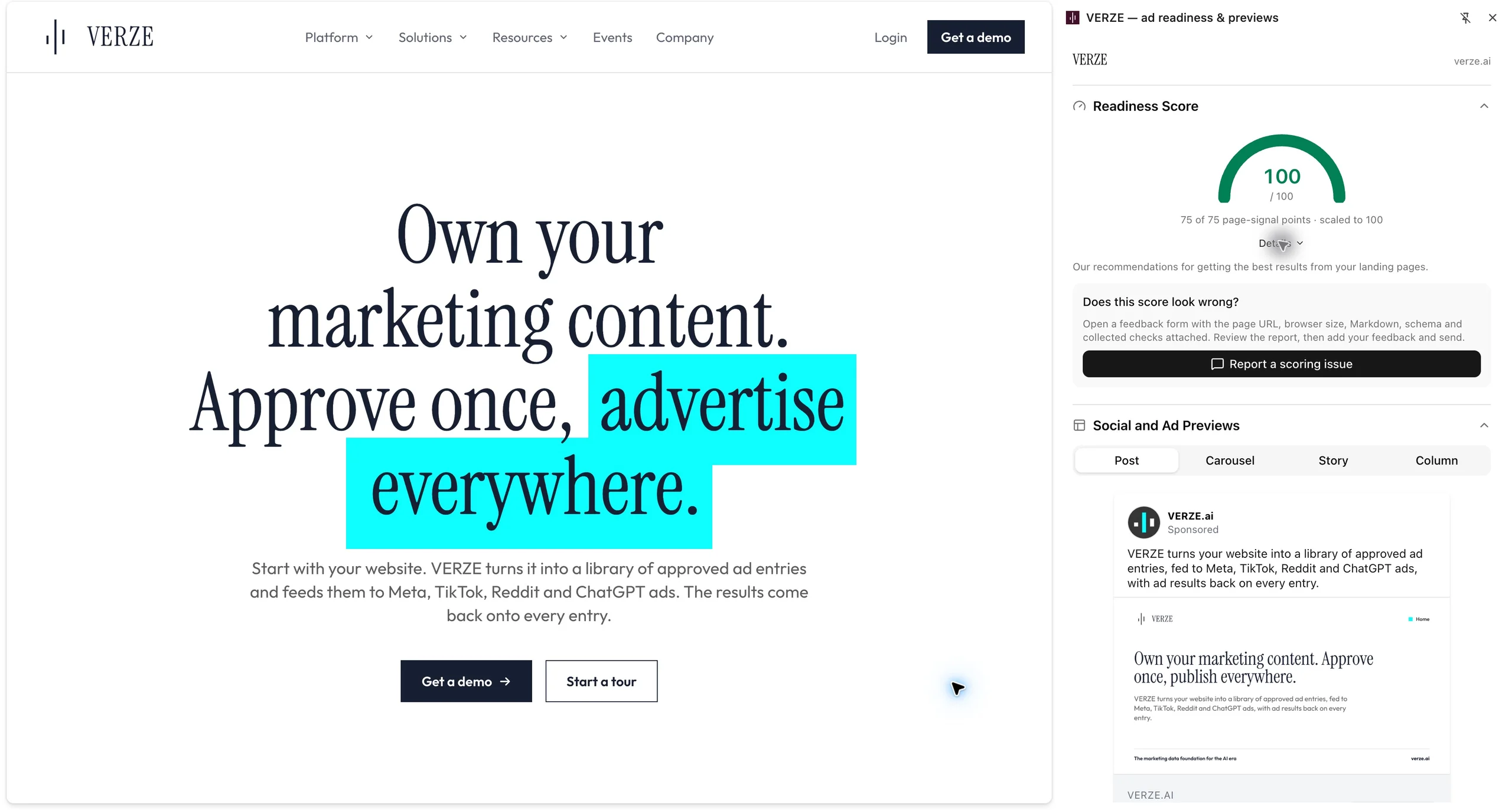 The extension’s side panel beside the VERZE homepage: a readiness score of 100 out of 100 and a feed post preview built from the page’s own tags.