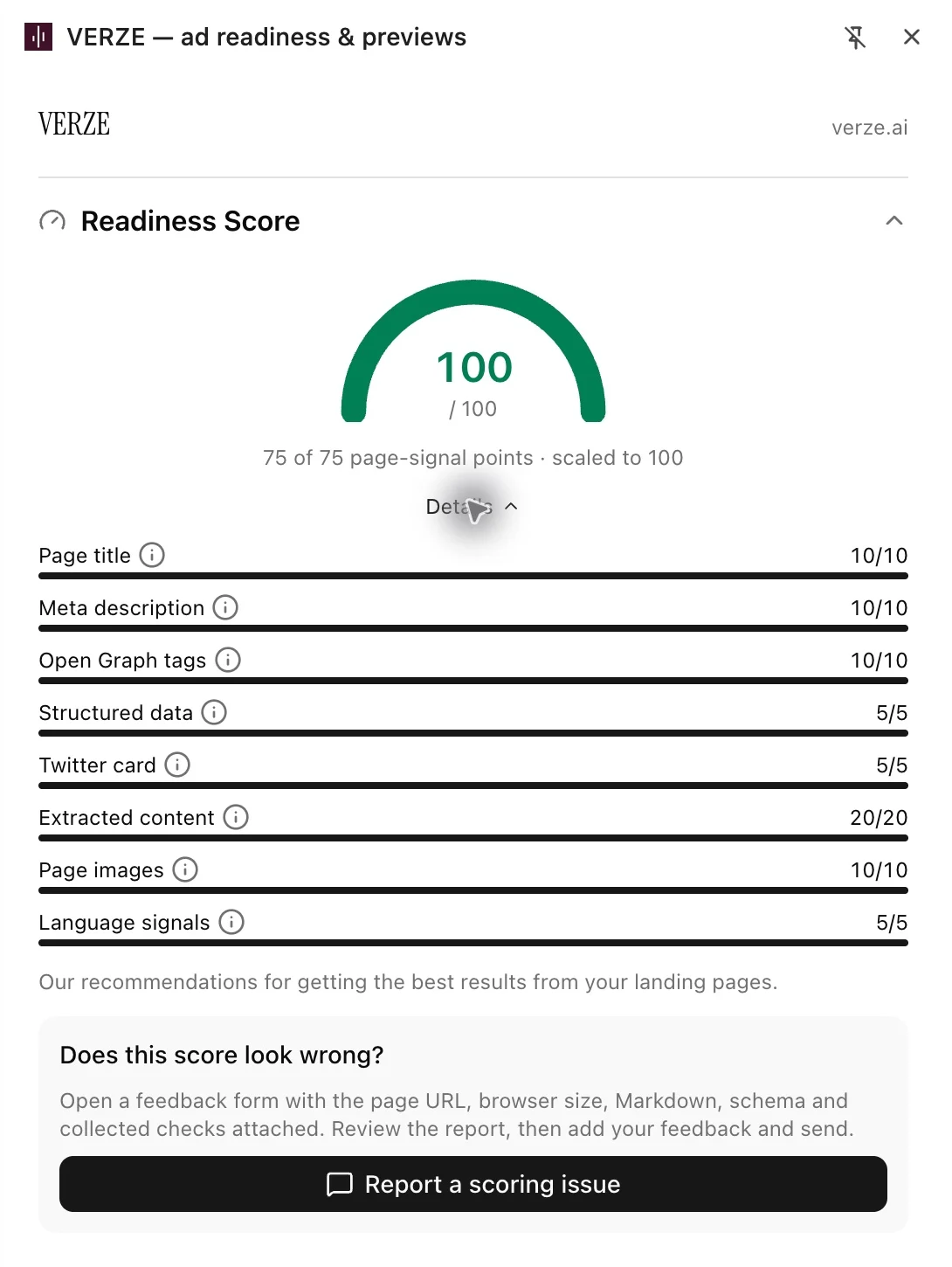 The extension panel with the readiness score and its eight checks, each with its points.