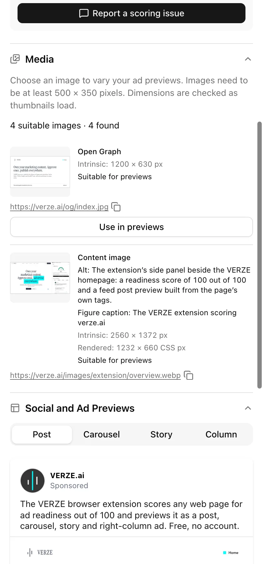 The extension Media section on verze.ai: page images with dimensions, alt text, captions and ad-preview size markers, plus actions to use an image in previews.