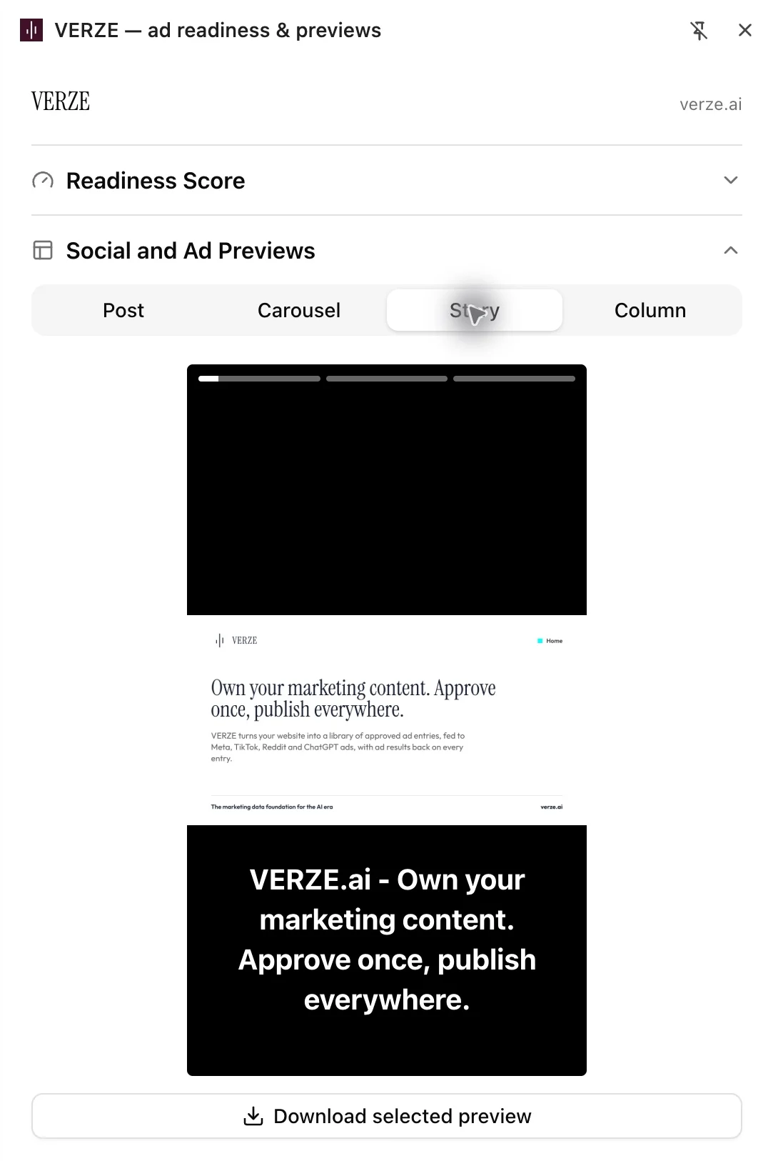 The extension panel showing the page as a story ad, with a button to download the selected preview.
