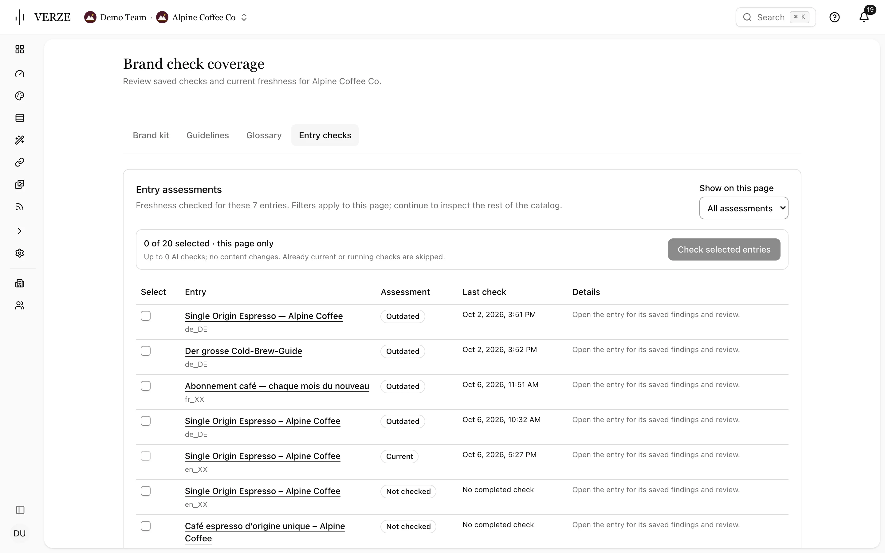Brand check coverage: entries marked Current, Outdated or Not checked, their last check and Check selected entries.