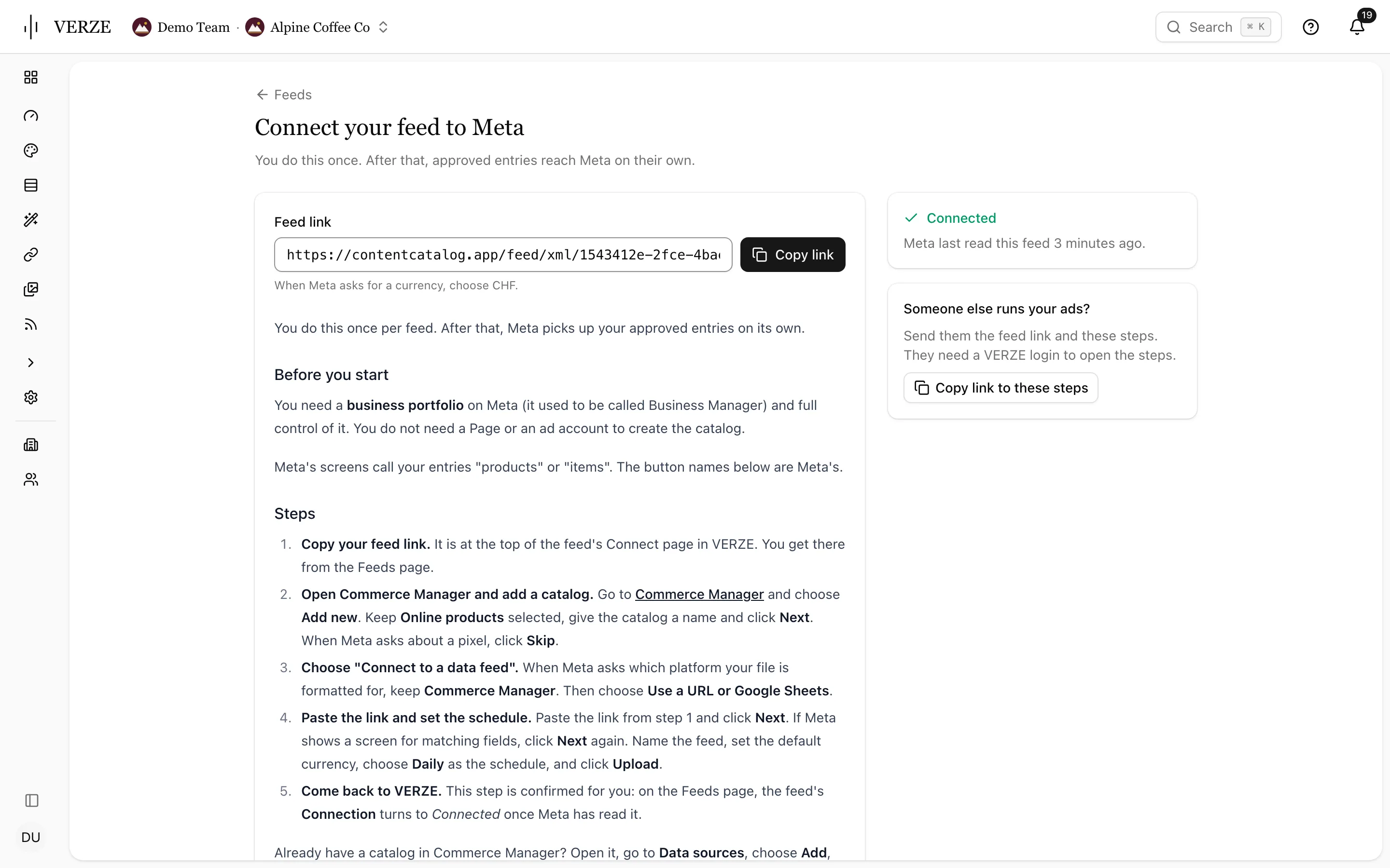 Connect your feed to Meta: a feed link with Copy link, numbered setup steps, a Connected card saying Meta last read the feed three minutes ago, and Copy link to these steps for the person running the ads.