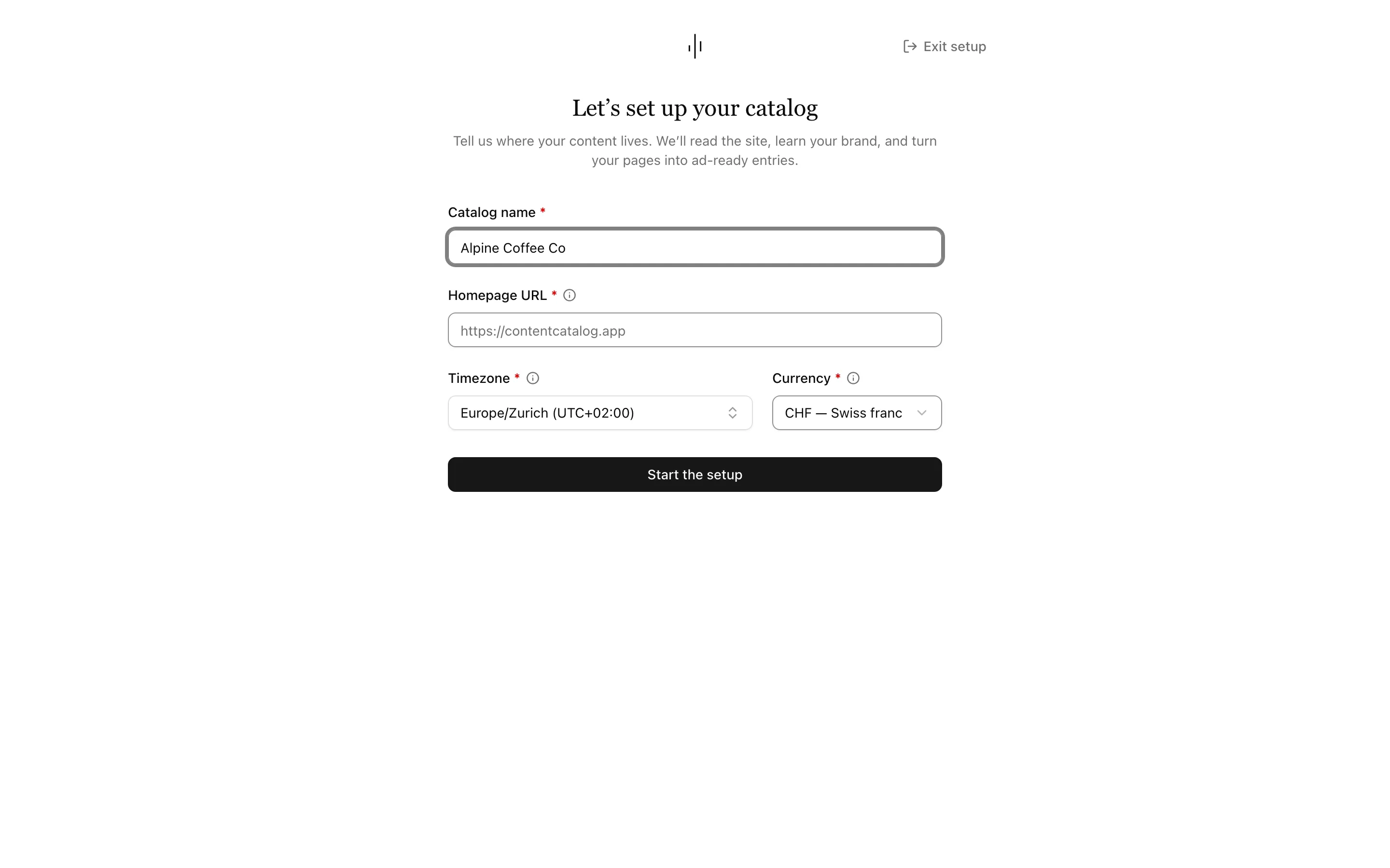 Catalog setup: catalog name, homepage URL, timezone, currency and Start the setup.