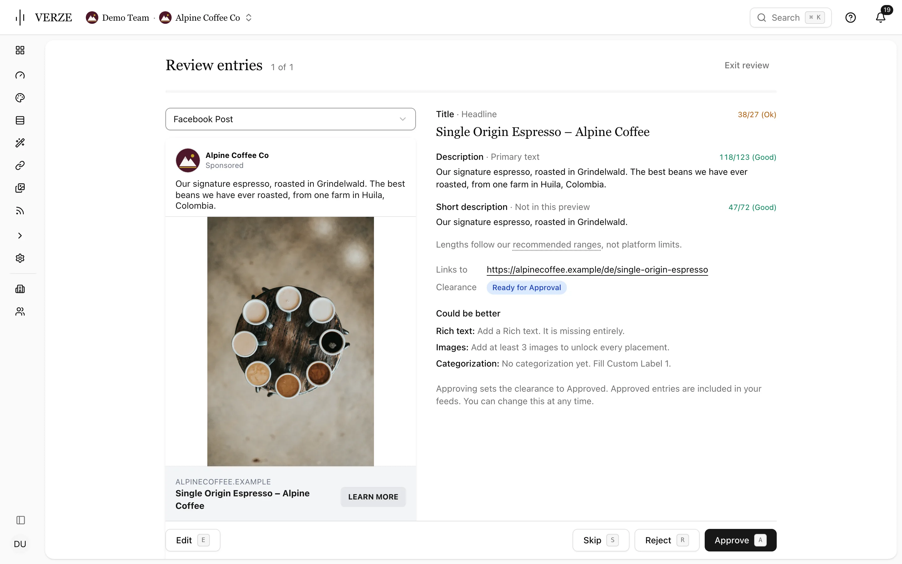 Review entries, one of one: a Facebook Post ad preview beside title, description and short description with length checks, and Edit, Skip, Reject and Approve actions.